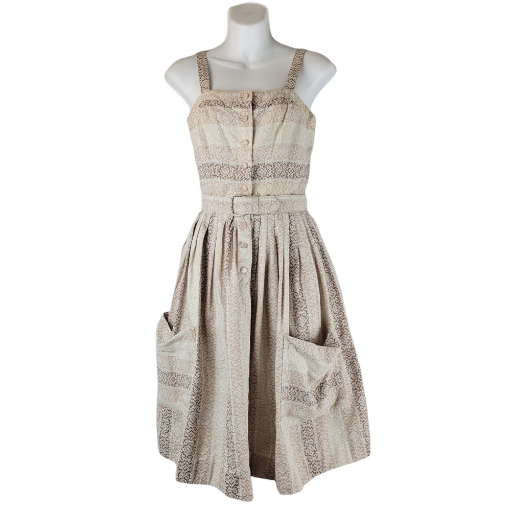 Vintage Kathy Pulak Neutral Patterned Belted   Y2K Style Dress